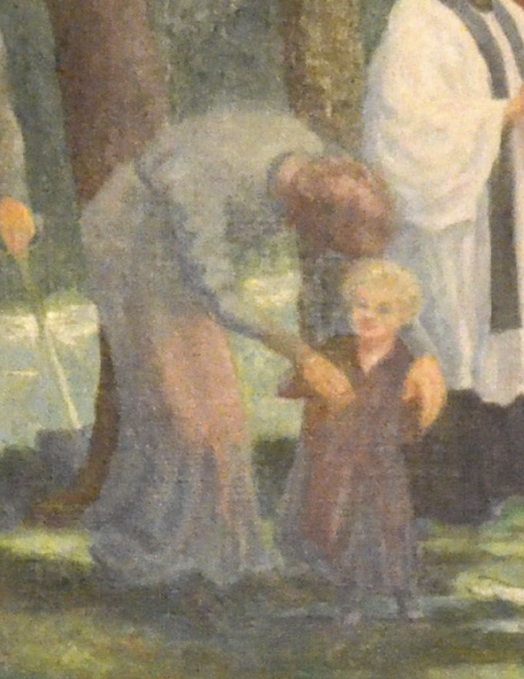 A white woman and child in Thomas J Crosby's painting of the University of the South