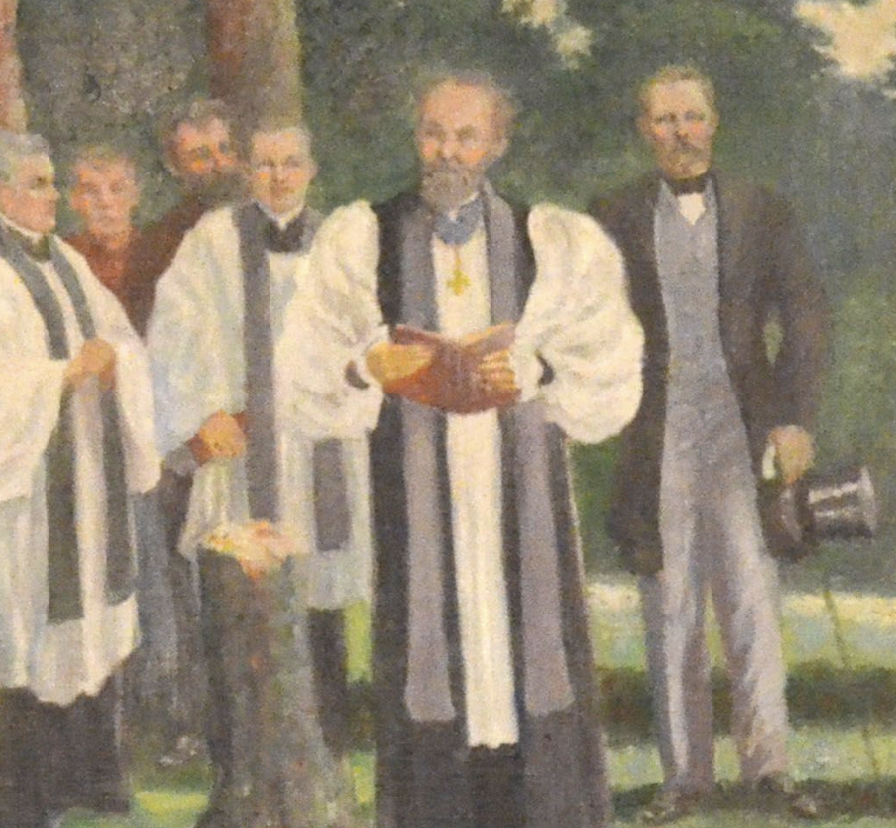 A crowd of clergymen, including Charles Todd Quintard, stand together at a service in honor of the University of the South's so-called Second Founding.